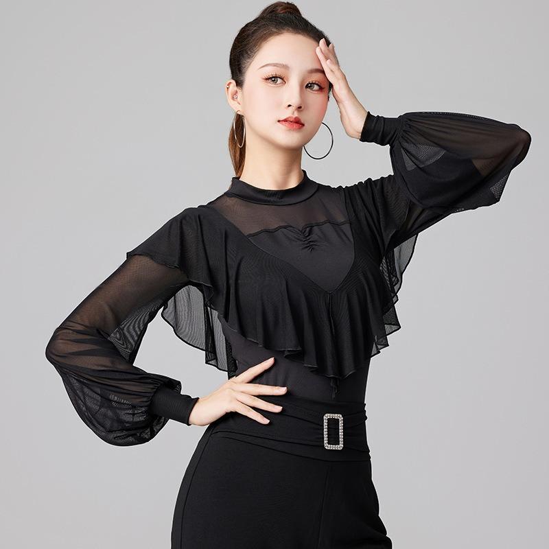 Women Summer Party Dress Latin Dance Flounce Practice Long Sleeve Performance