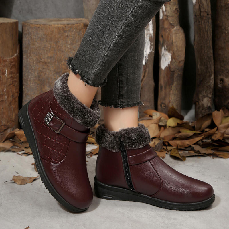 Retro Metallgürtelschnalle Dekoration Pelzige Stiefeletten Damen 2025 Winter Weiches PU Keilabsatz Stiefel mit Seitenreißverschluss Komfort Mutterschuhe