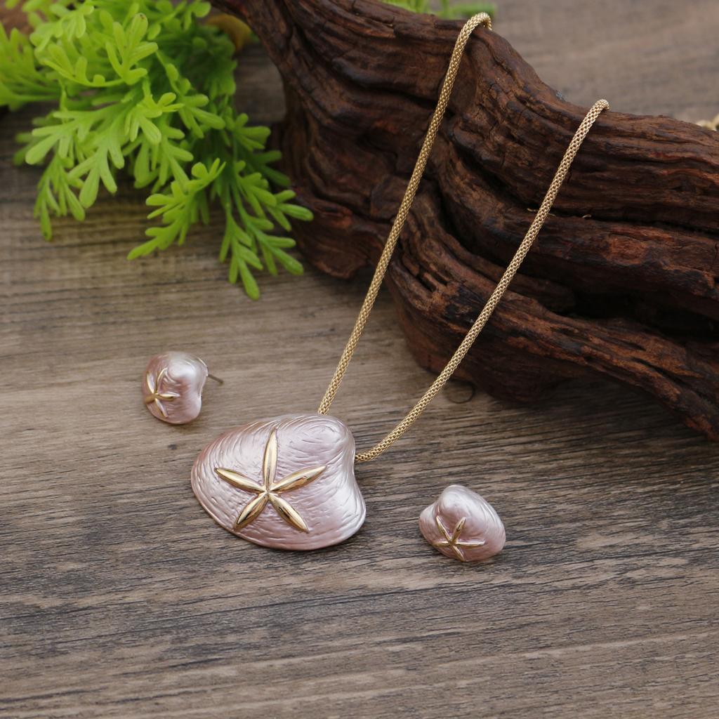 New Enamel Color Shell Stud Earrings Pendant Set, Women's Small Clear Spring and Summer Starfish Shell Necklace