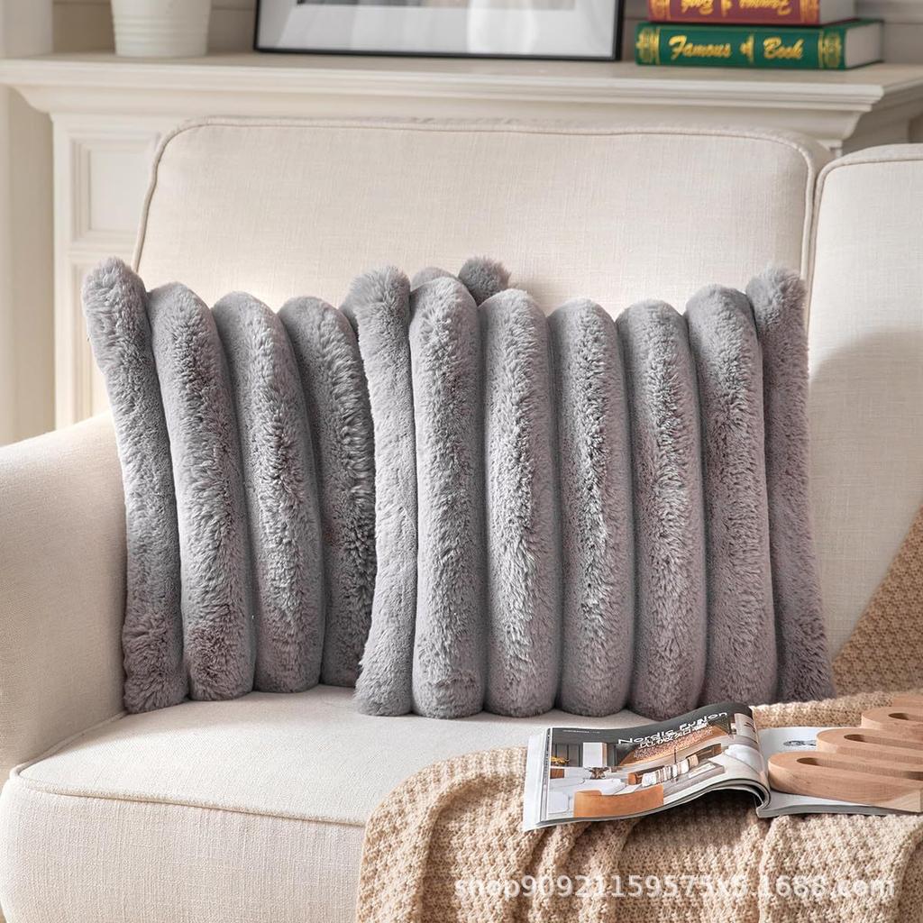 Plush Striped Throw Pillow, Nordic Style Sofa Cushion, Soft Faux Rabbit Fur Backrest Pillow