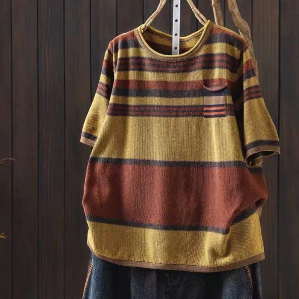 

Johnature Women Vintage Striped T-Shirts Summer Chinese Style O-Neck Short Sleeve Knitted Female T-Shirts One Size жёлтый