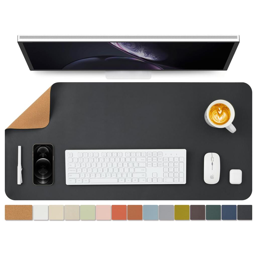 Naturkork & PU Doppelseitige Schreibtischunterlage, Großes Mauspad, Schreibtischschutz, Wasserdichte Tastaturmatte, Ideal für Büro/Zuhause/Gaming/Dekoration (Schwarz, 90cm