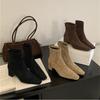 Retro Thick-heeled Short Boots for Women In Autumn and Winter 2025, New Square Head Suede Rear Zipper Small Ankle Boots, Elastic and Thin Boots 