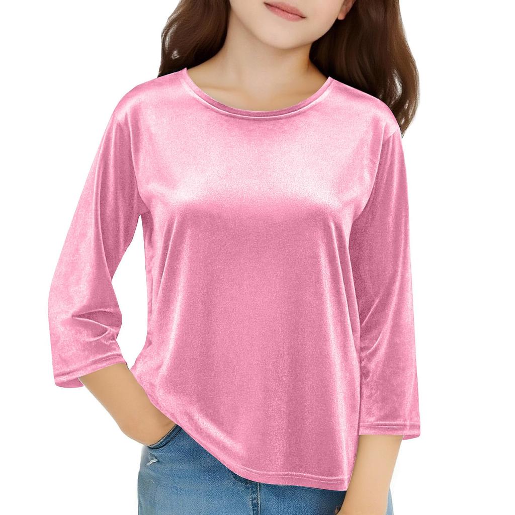 Girls Velvet Tops 3/4 Sleeve T-Shirts Velour Tees Shirts Color Basic Tshirts For Kids