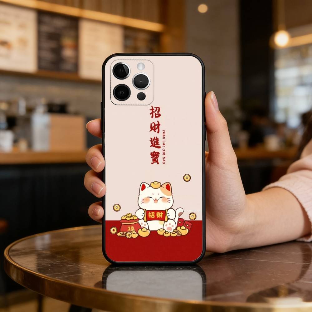 C-Cartoon Lucky Cat Soft Silicone Black Cover,Phone Case For iPhone 17,16,15,14,13,12,11 Plus,Pro Max,XS