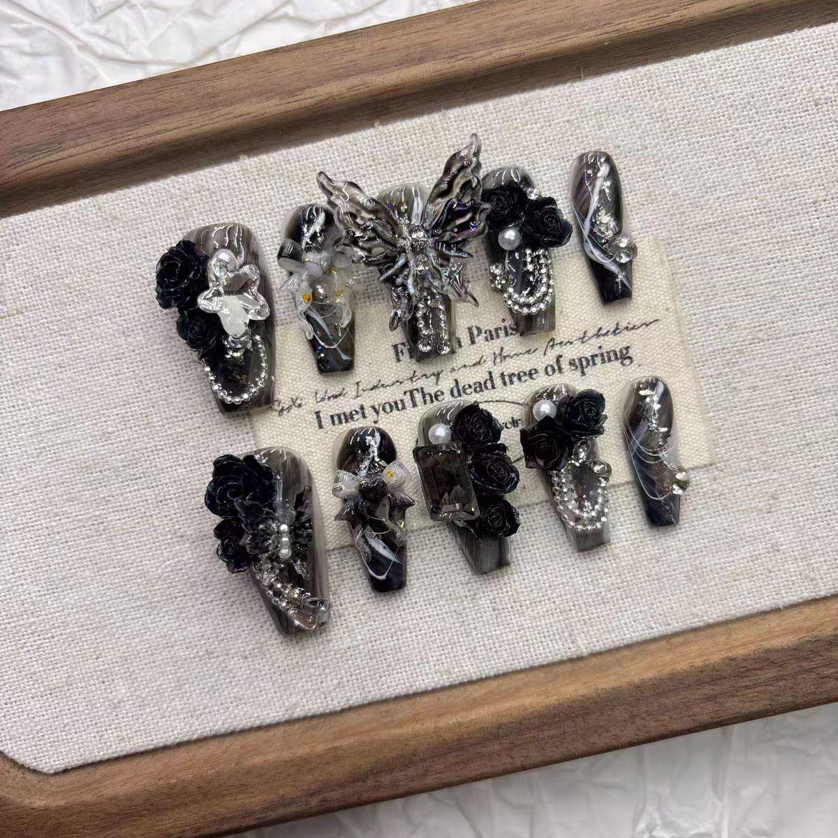 Dark Butterfly High-End Handmade Medium-Length Nails Manicure