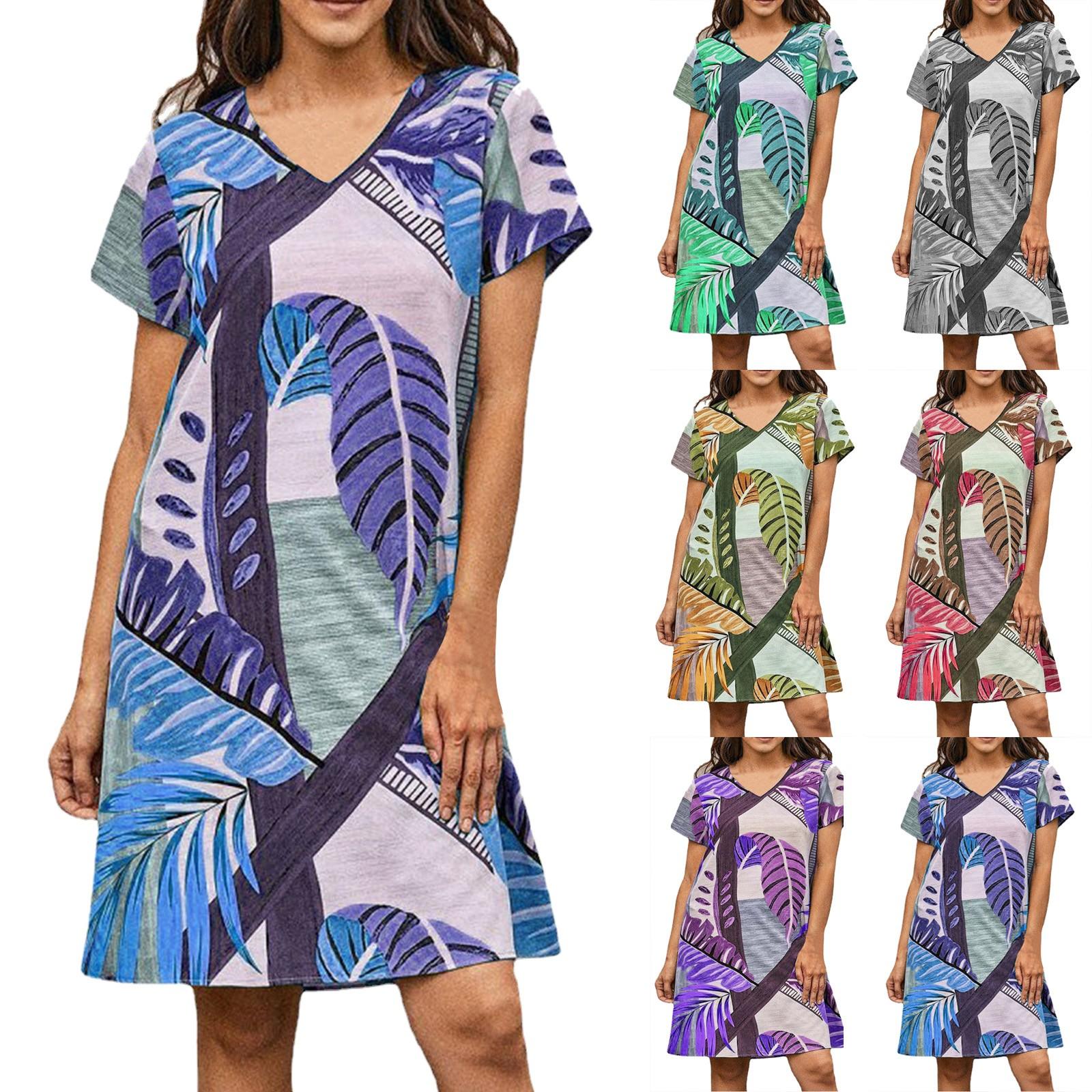 

Женская мода с принтом листьев и v-образным вырезом, расслабленное платье для отдыха с короткими рукавами M зелёный