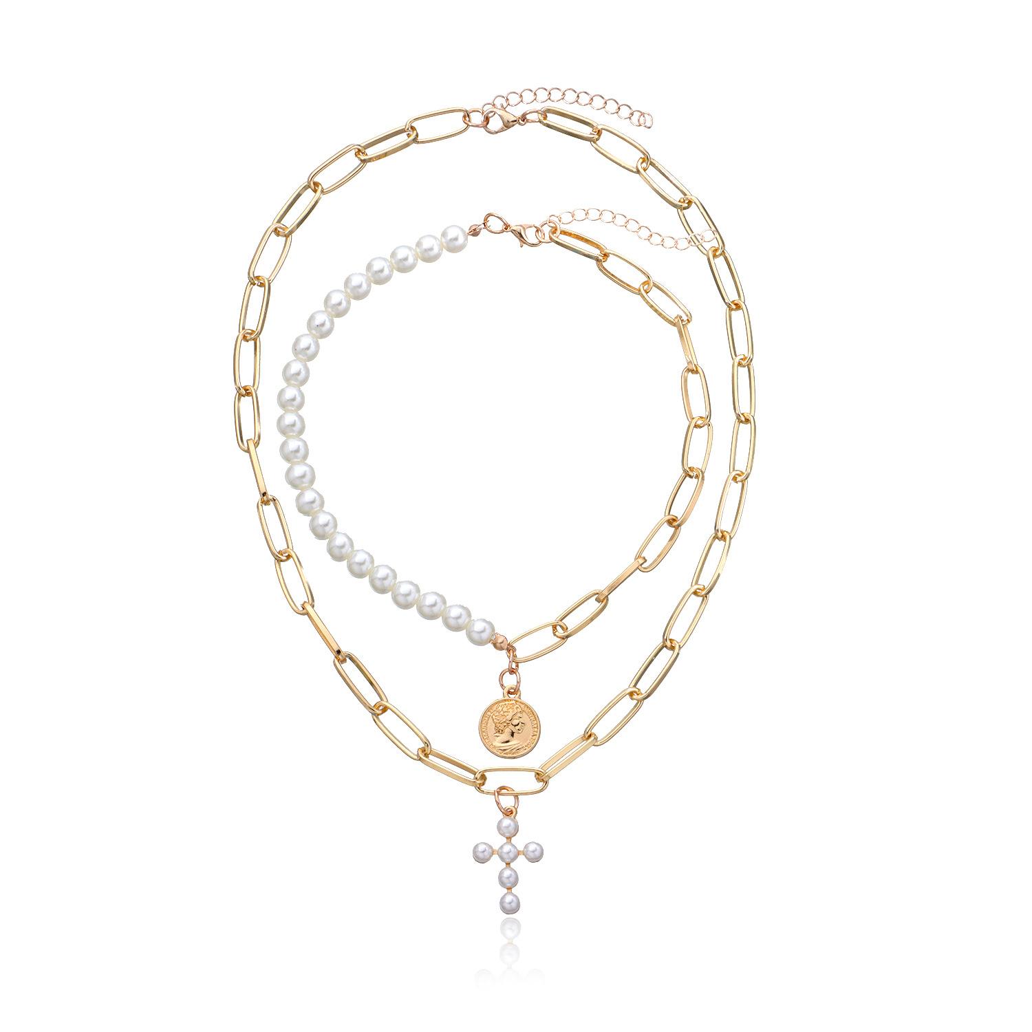 Accessories, Double Vintage Stacked Pearl Necklace, Punk Trend Cross Pendant Necklace золотой