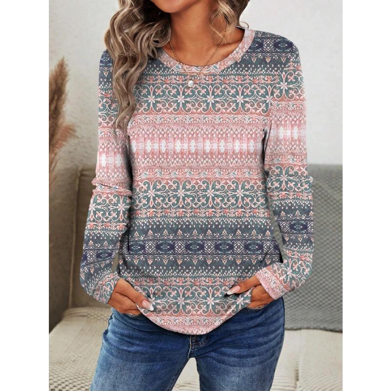 Women's T-shirt 3D Retro Ethnic Print Fashion Long Sleeve Round Neck Regular Top Holiday Weekend Spring Autumn