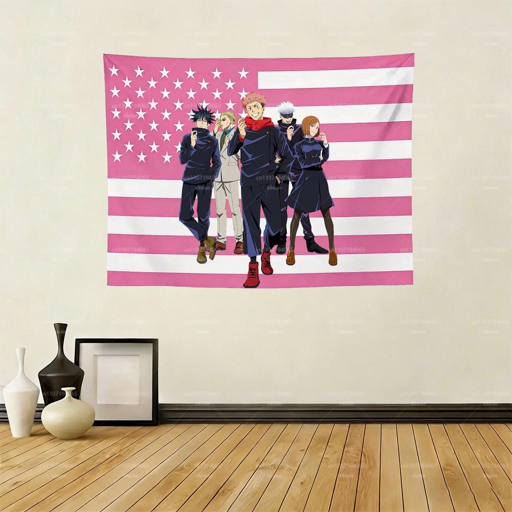 Jujutsu Kaisen Team Tapestry, Pink American Flag Anime Wall Hanging, Dorm & Bedroom Decor For Jjk Fans, Unique Flat Print Wall