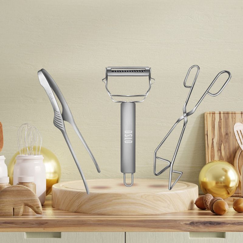 OSLO [Oslo] OSLO All-Stainless Steel Cooking Utensils Tongs Multi-Piller 3-Piece Set