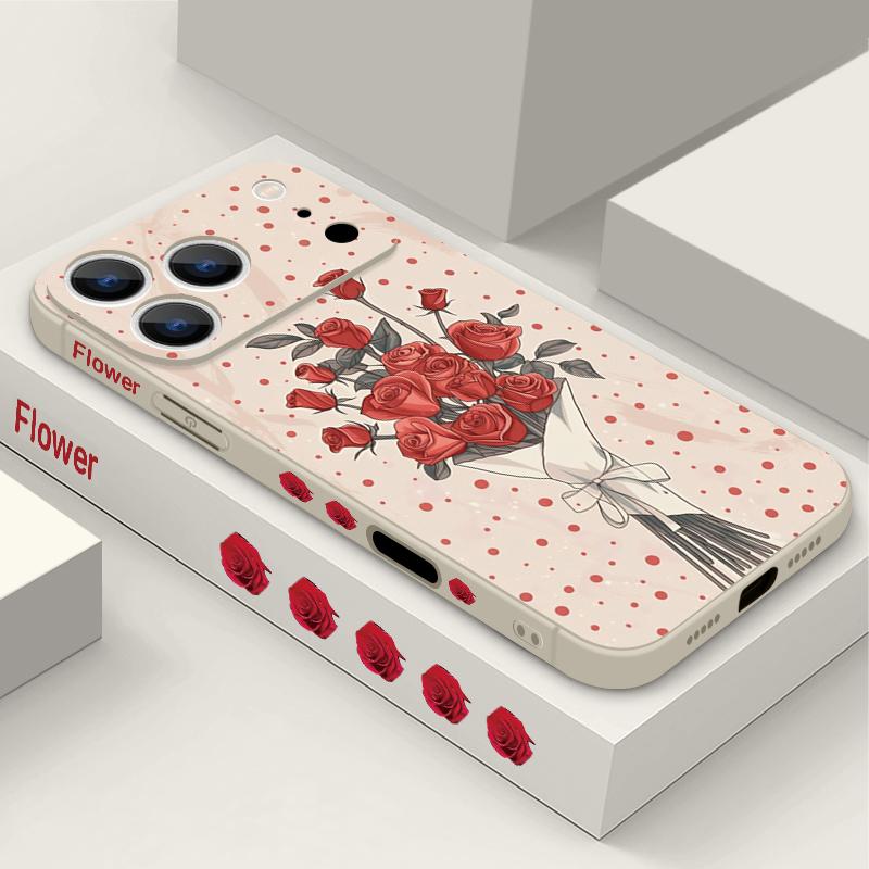 Étui Cordon Motif Fleurs Roses Rouges Pour iPhone 17 Pro Max Funda iPhone 16 15 14 13 Pro Max 11 16E 17E Coque Souple en Silicone