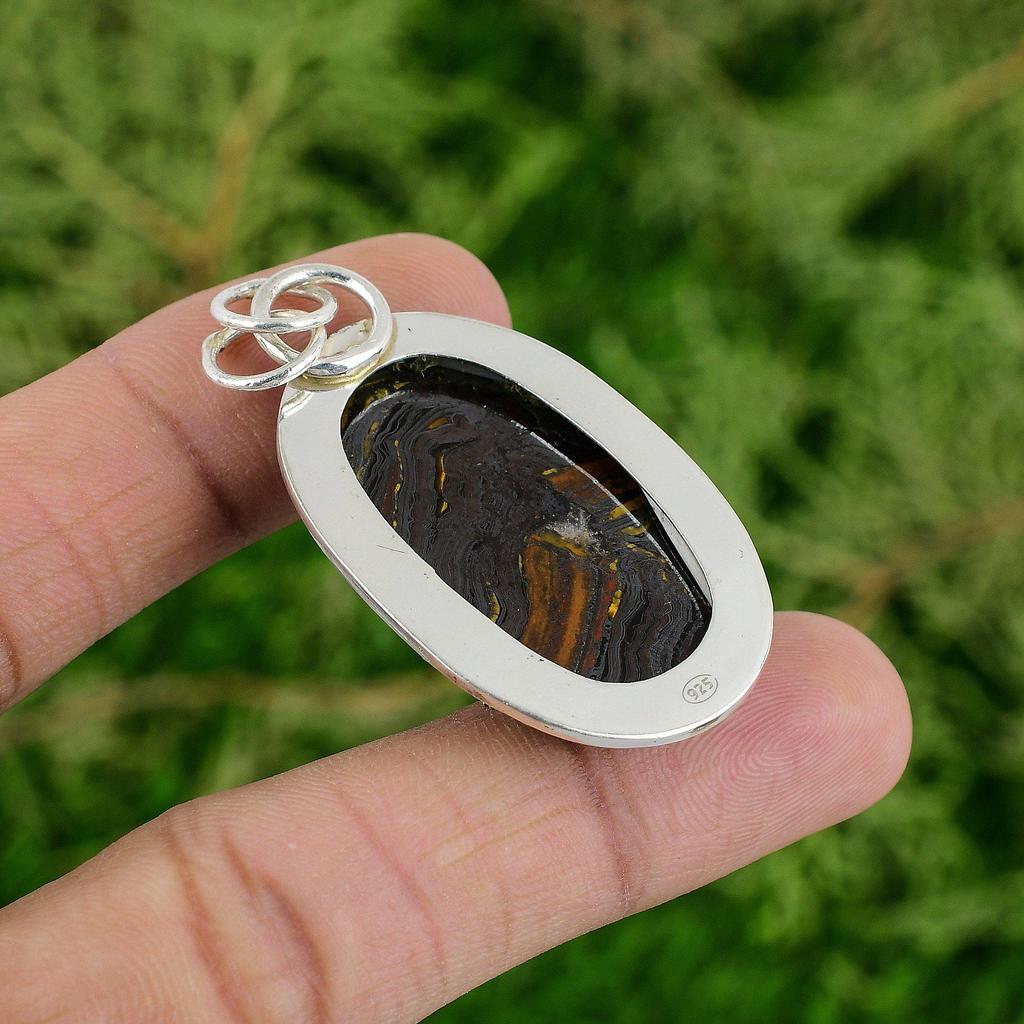 925 Silver Oval Iron Tiger Eye Gemstone Daughter Birthday Trendy Pendant Jewelry