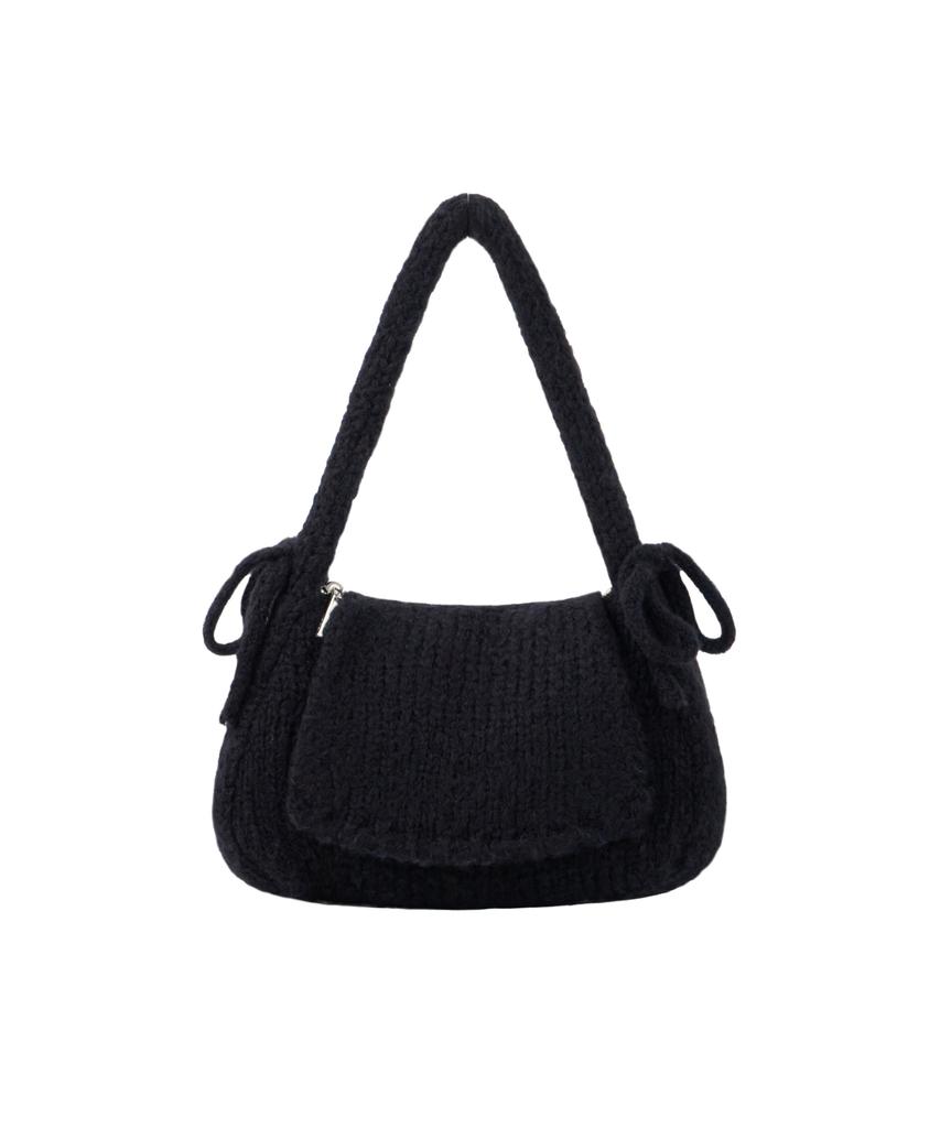 Leathery Ribbon Angora Knit Shoulder Bag [Black]