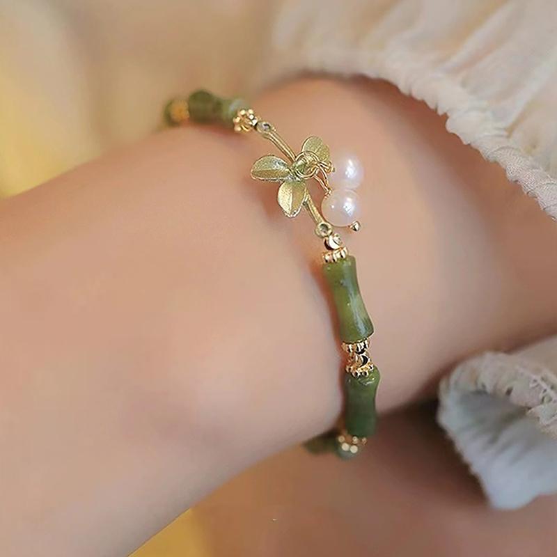 Light Luxury Retro Green Bamboo Joint Bracelet Women Romantic Imitation Pearl Pendant Bangle Jewelry Accessories Gifts