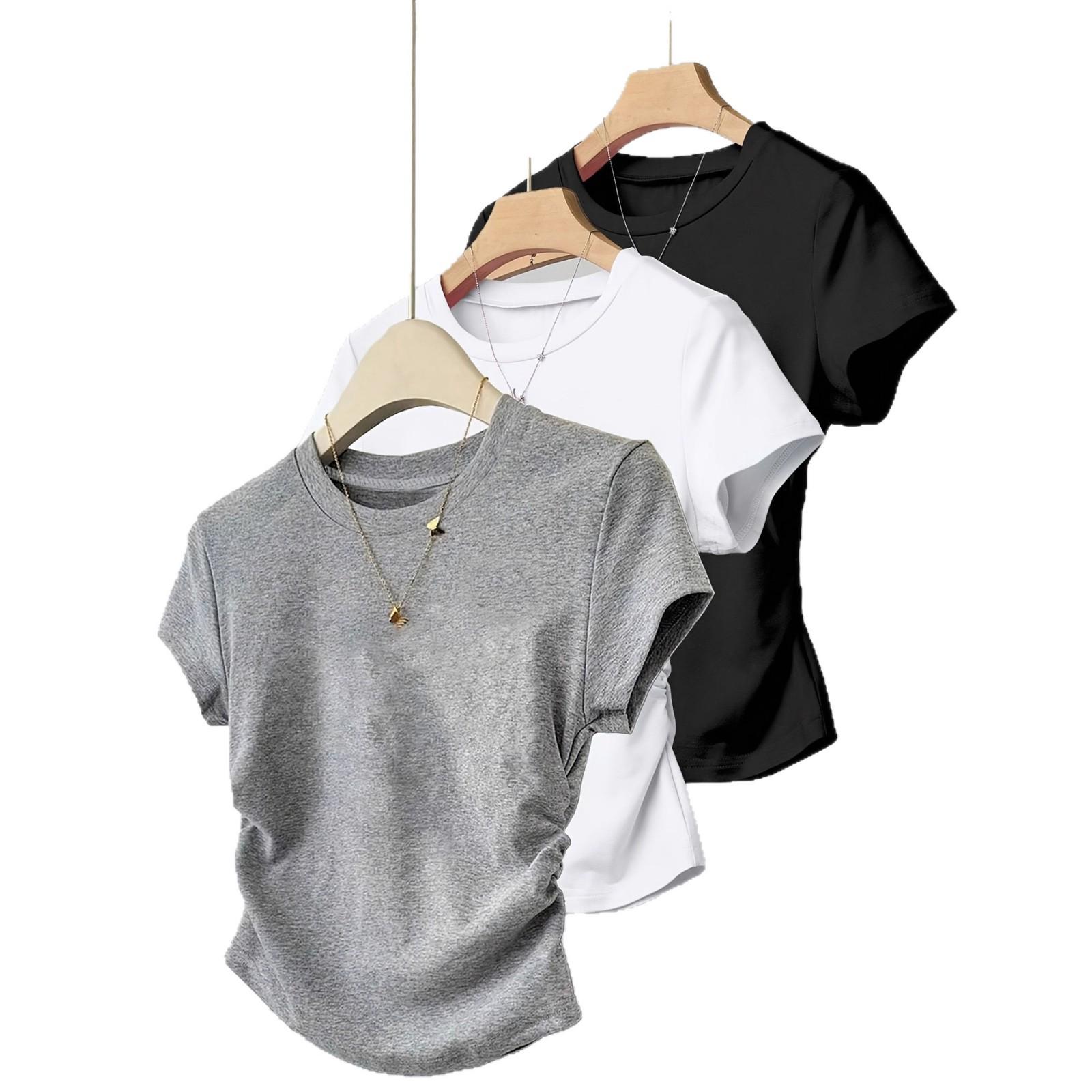 Cross-Border Round Neck Slimming Knit T-Shirt Medium