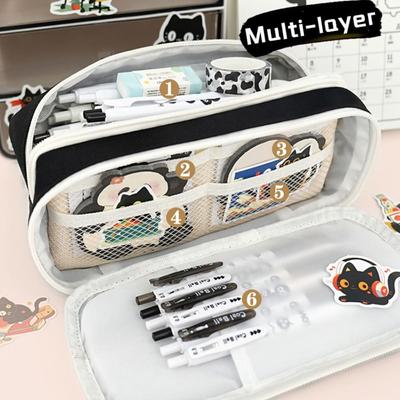 Black Cat Pen Bag Drawstring Design Large Capacity Stationery Bag Multi-layer Partition Storage Stationery Organizer