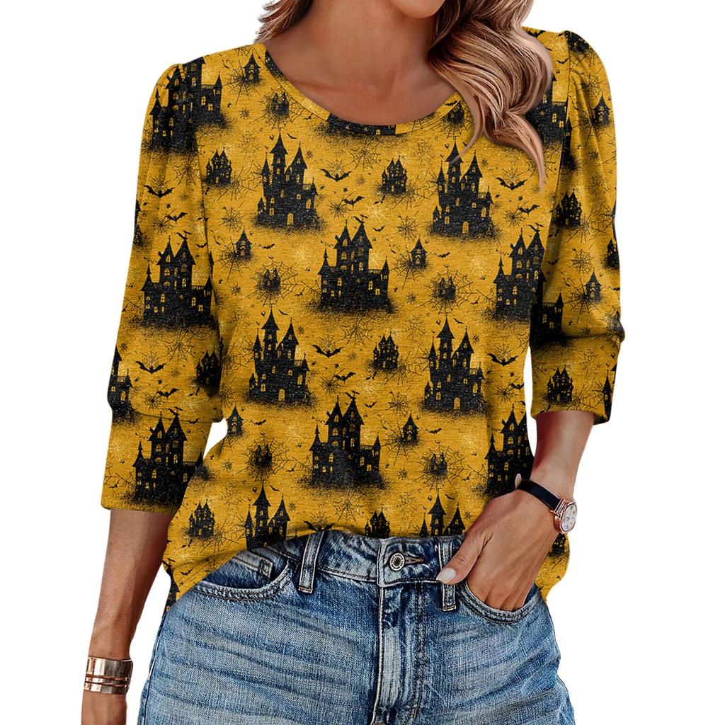 Women's Fashionable Casual Round Neck Seven Quarter Sleeve Halloween Printed Bubble Sleeve Top