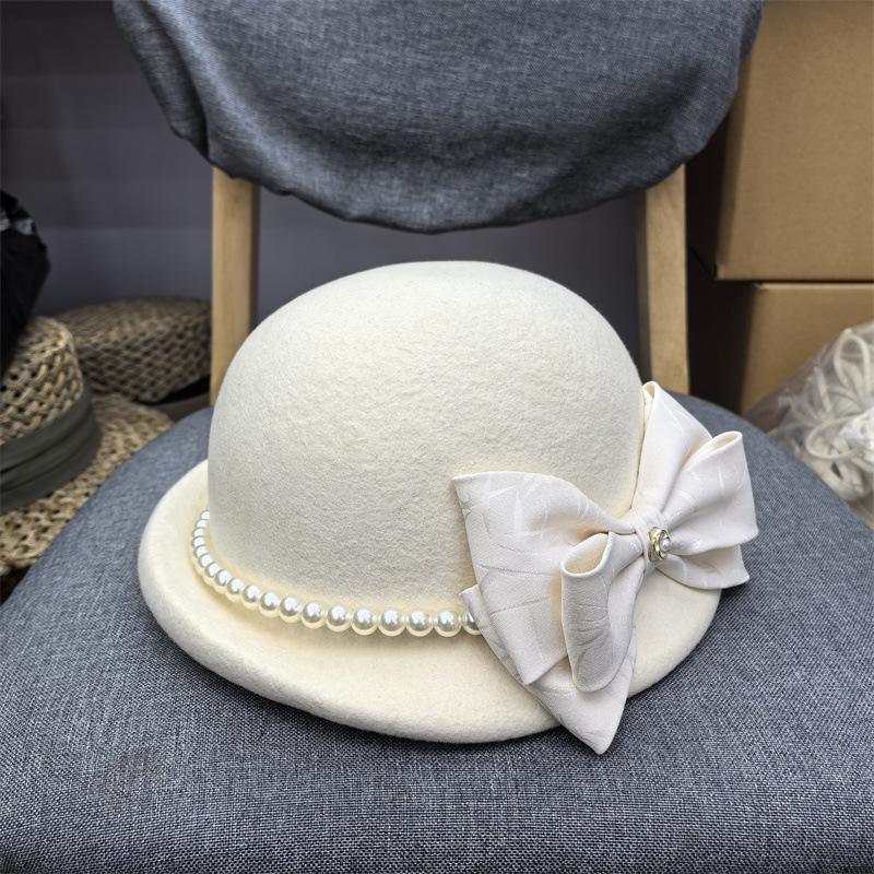 Casual Fashion Top Hat French Hepburn Style Pearl Bow Woolen Beret Fashion Sweet Bow Hat