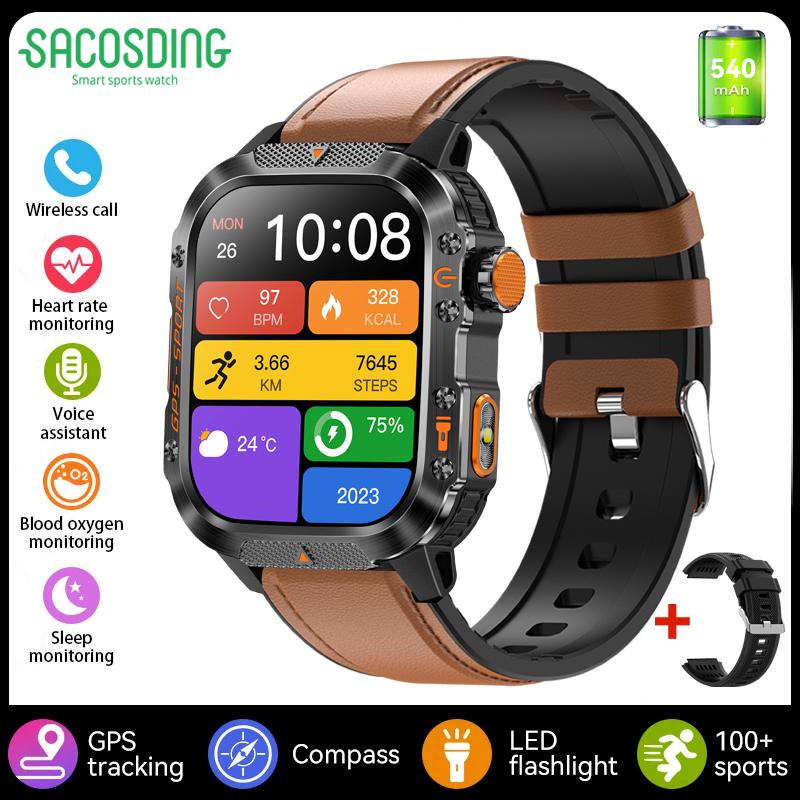 SACOSDING GPS Outdoor Sports Compass BlueTooth Call Smart Watch Waterproof Flashlight Heart Rate Health Smartwatch Information Reminder