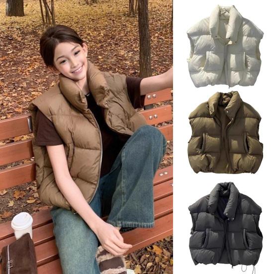 Women Down Vest Stand Collar Sleeveless Zipper Closure Winter Waistcoat with Pockets Solid Color Casual Loose Fit Short Jacket
