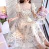 White Square Neck Dress, New Summer Drape French Temperament, Sweet Waist and Thin Ink Painting Dress