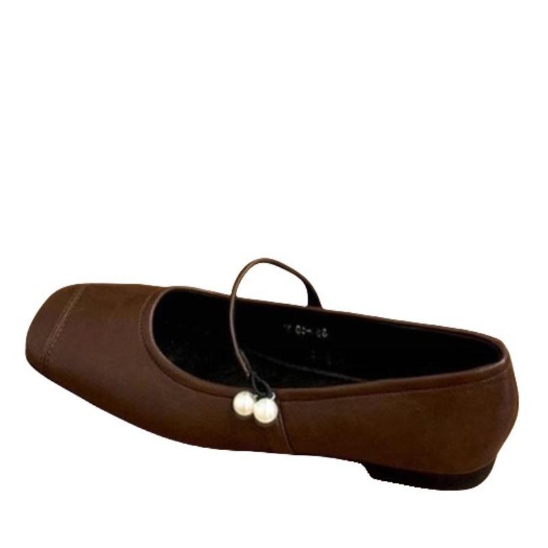Retro Flat Bottom Simple Mary Jane Shoes Women's Autumn New Square Head Shallow Mouth Beaded Versatile Casual Single Shoes Women