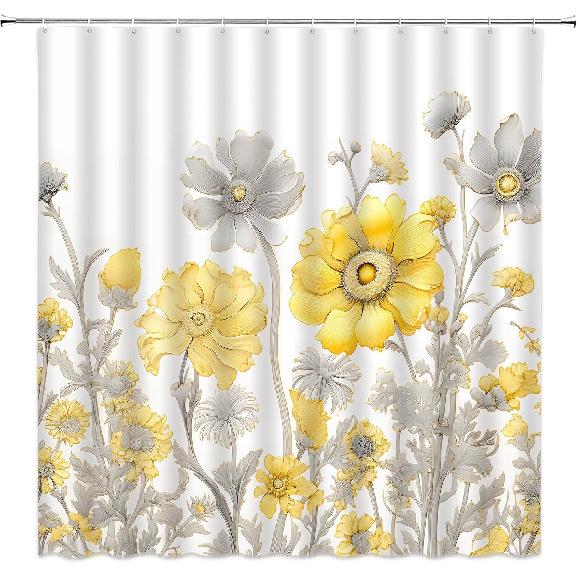 Yellow Grey Floral Shower Curtain Watercolor Flower Leaves Rustic Farmhouse Nature Plant Abstract Modern Home Fabric Bathroom Decor Set Include