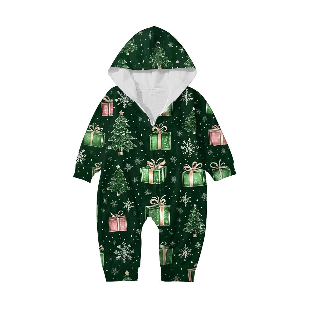 Christmas Print Family Matching Hooded Long Sleeved Zippered Jumpsuit Set