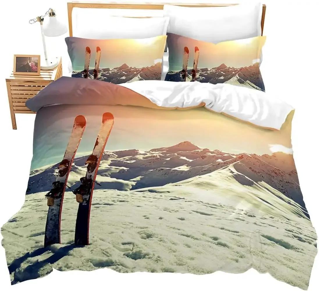 

Пододеяльник для лыжного спорта размера Queen для мальчика-подростка, зимние виды спорта, лыжная тематика, чехол для одеяла, микрофибра, пейзаж со снежными горами, комплект постельного белья EU Single(135x200cm)