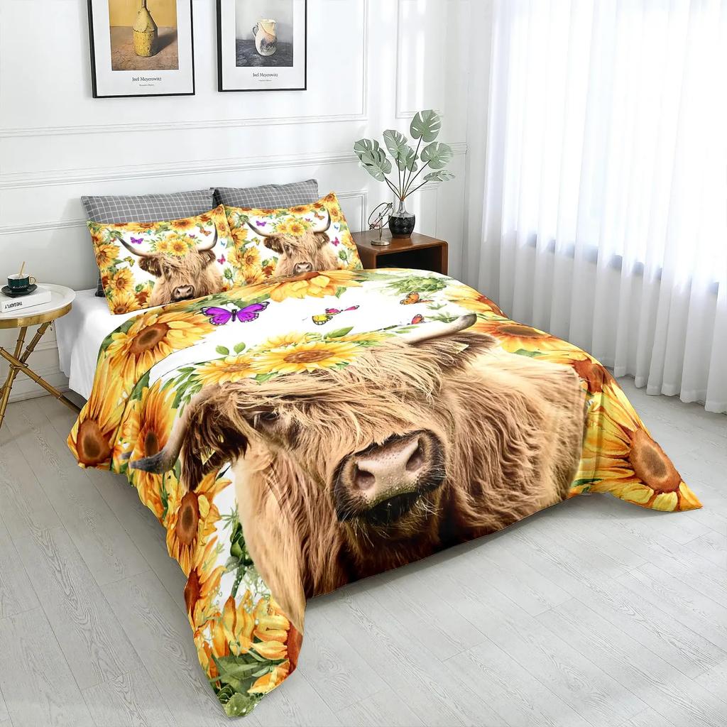 Highland Kuh Bettbezug Set Bauernhaus Wildtier Muster Bettdeckenbezug Sonnenblume Western Kuh Mikrofaser Bedruckte Bettwäsche