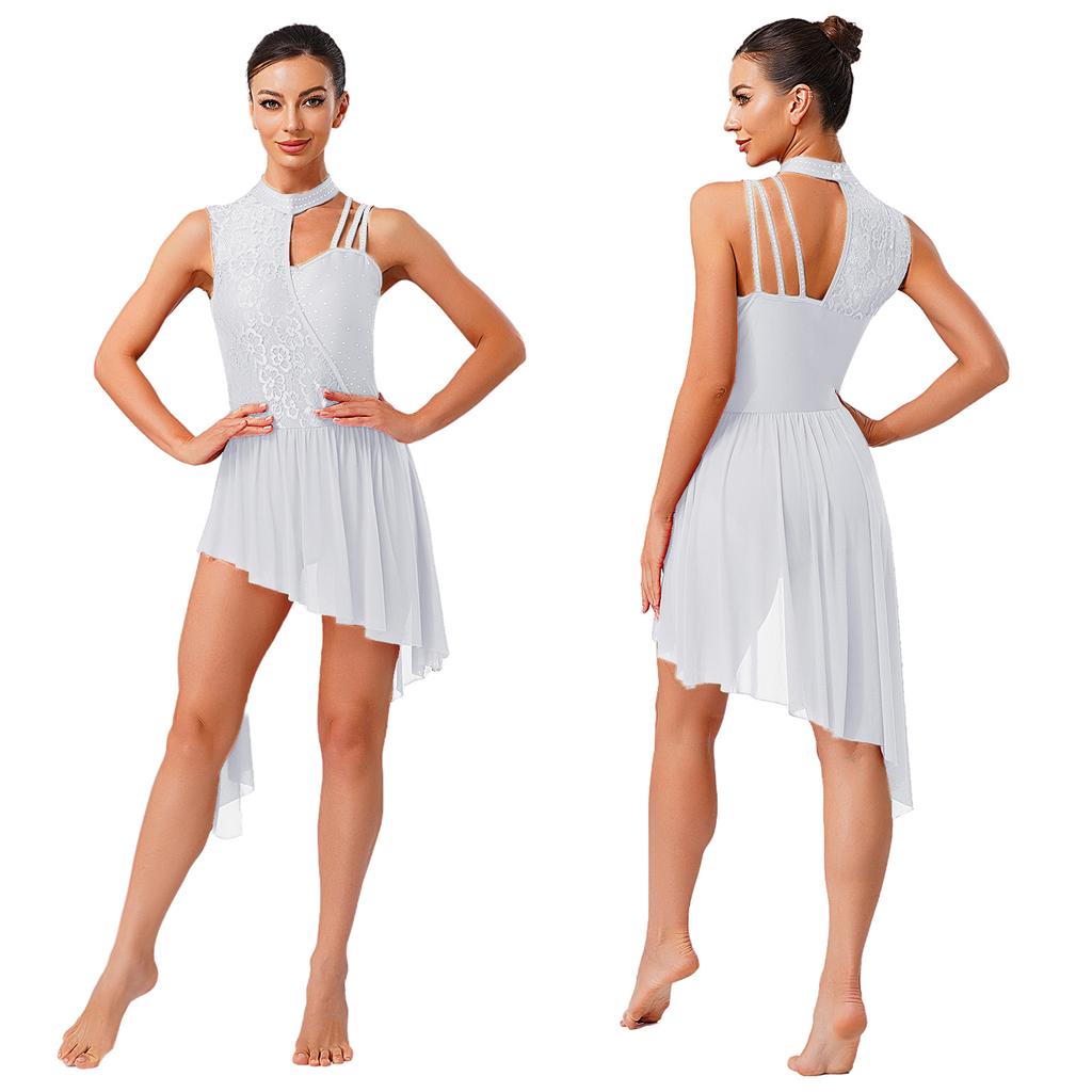 XS-XXL Women's Dance Leotard Floral Lace Rhinestones Irregular Hem Openable Crotch Performance Wear