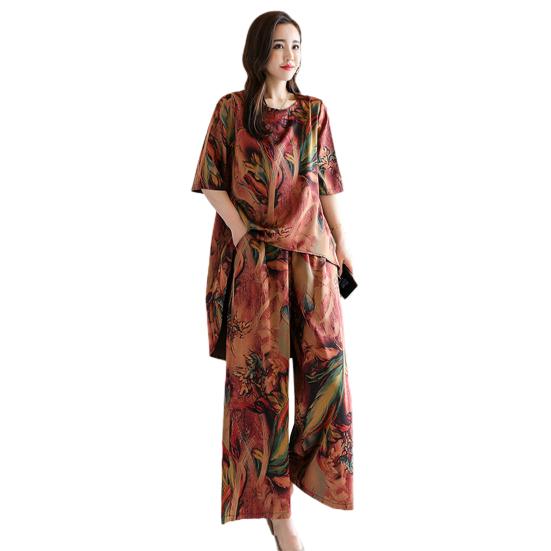 2Pcs/Set O-Neck Half Sleeve Casual Outfit High Low Hem Elastic Waistband Pockets Women Retro Pattern Long Top Wide Leg Pants Set Streetwear