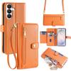 Wallet Case for Galaxy S26 - Leather/PU, Orange, With Lanyard