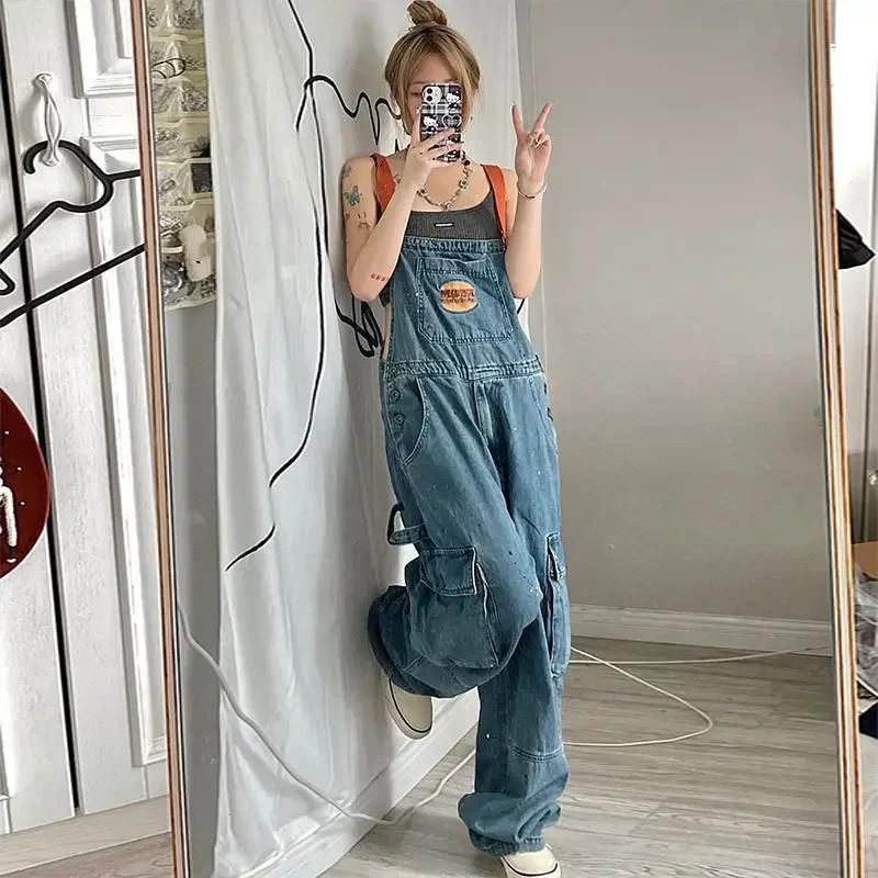 FiveFive Broderade Denim Hängselbyxor Dam Stor Lös och Slim Retro Ett Stycke Byxor Plus Size