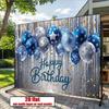 2D Blaue & Silberne Konfetti Happy Birthday Hintergrundbanner für Männliche Partyartikel
