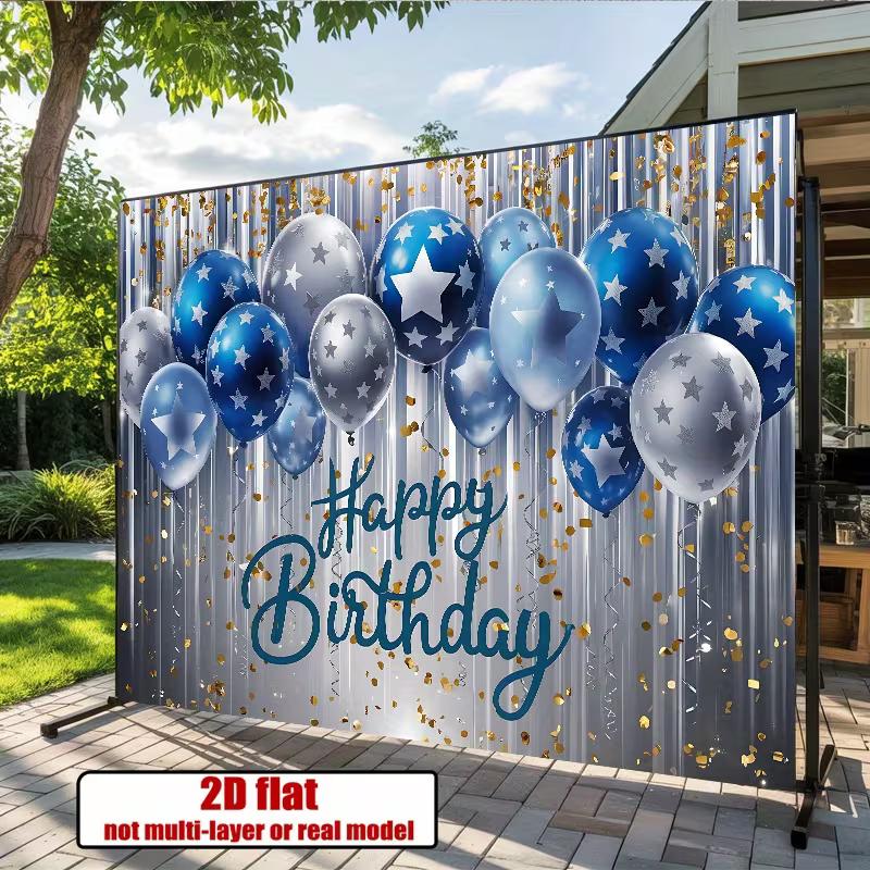 

2D Blue & Silver Confetti Happy Birthday Backdrop Banner for Masculine Party Supplies 47.2x31.5inch/120*80cm