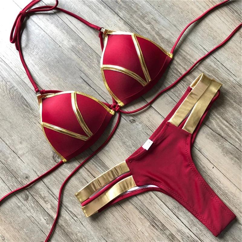 New Red Swimwear Push Up Swimsuit Women Biquini Padded Bathing Suit Gold Stamping Brazilian Bikini Set Thong Sexy Bikini