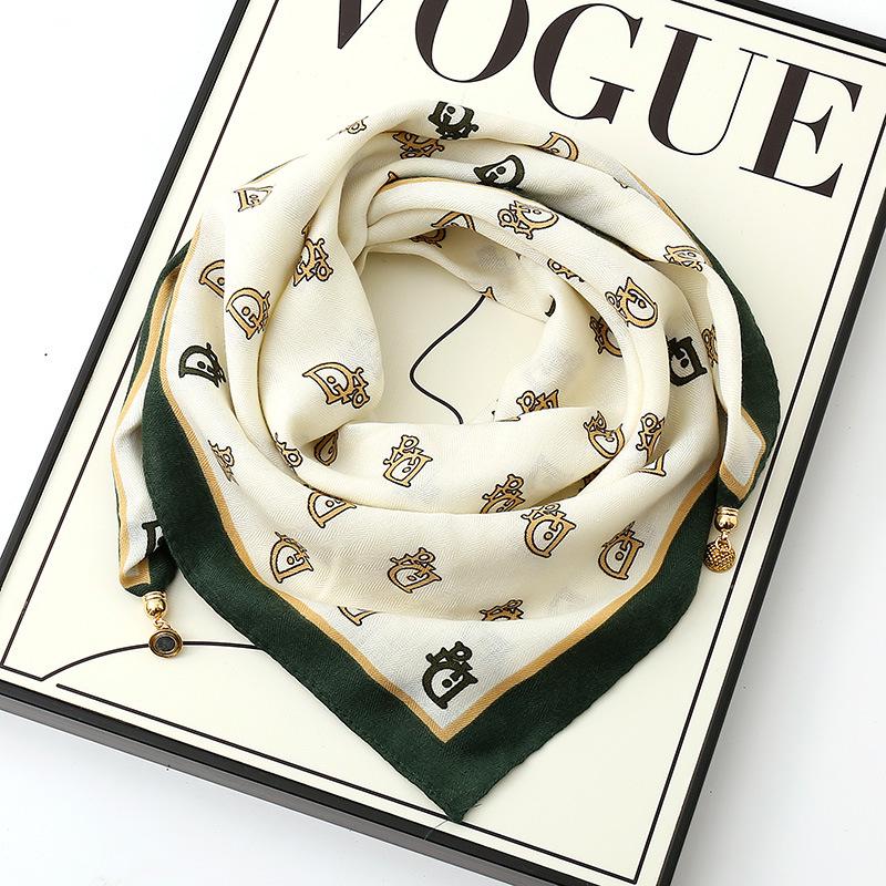 Women's 65" Silk Square Scarf with Magnetic Buckle – Autumn/Winter Print, Fashionable & Versatile Triangle Snood