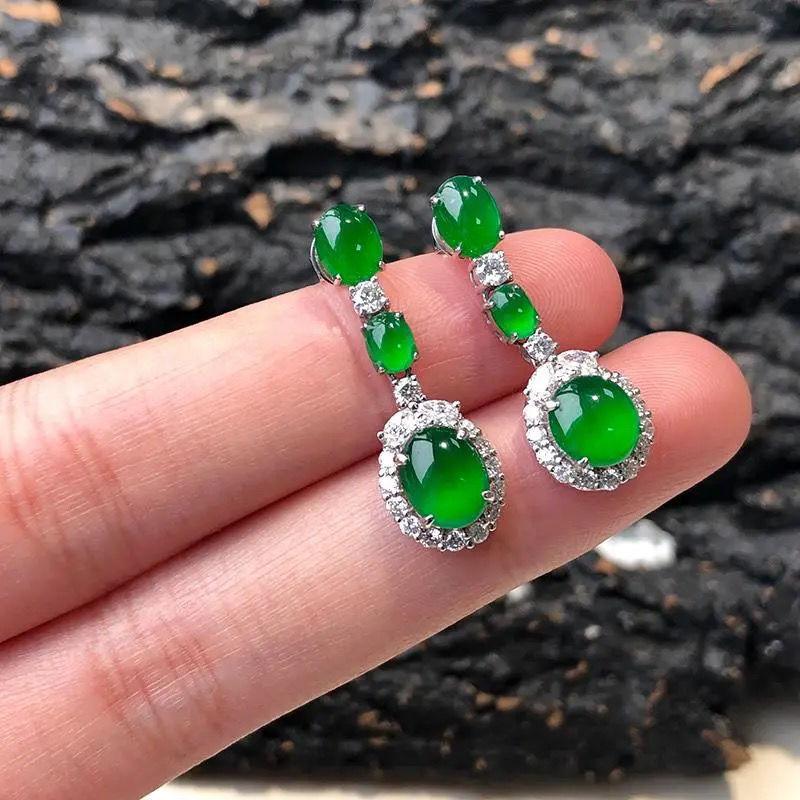 Natural Hetian Jasper Jadeite Oval Diamond Long Earrings Light Luxury Retro Charm Lady Chinese Style  Jewelry