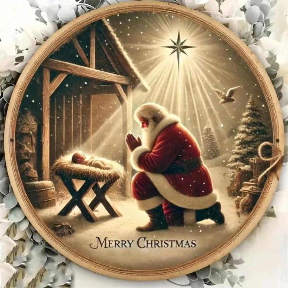 Santa Christmas Metal Wall Sign Round Holiday Home Cafe Garage Decor Gift