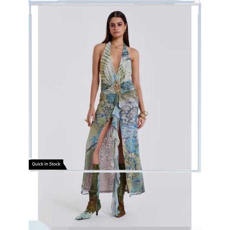 Jaded London Sex Sexy Sense Retro Print Beaded Low Cut Deep V-neck Backless Vacation Halterneck Long Dress