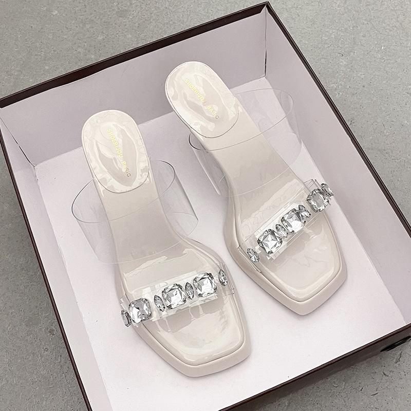Fashion Versatile One-word Slippers for Women's Summer Wear 2025 New Transparent Crystal and Foreign Sexy High-heeled Sandals
