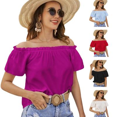 Letni nowy damski top hiszpanka z falbankami, gładki, casualowy T-shirt z krótkim rękawem