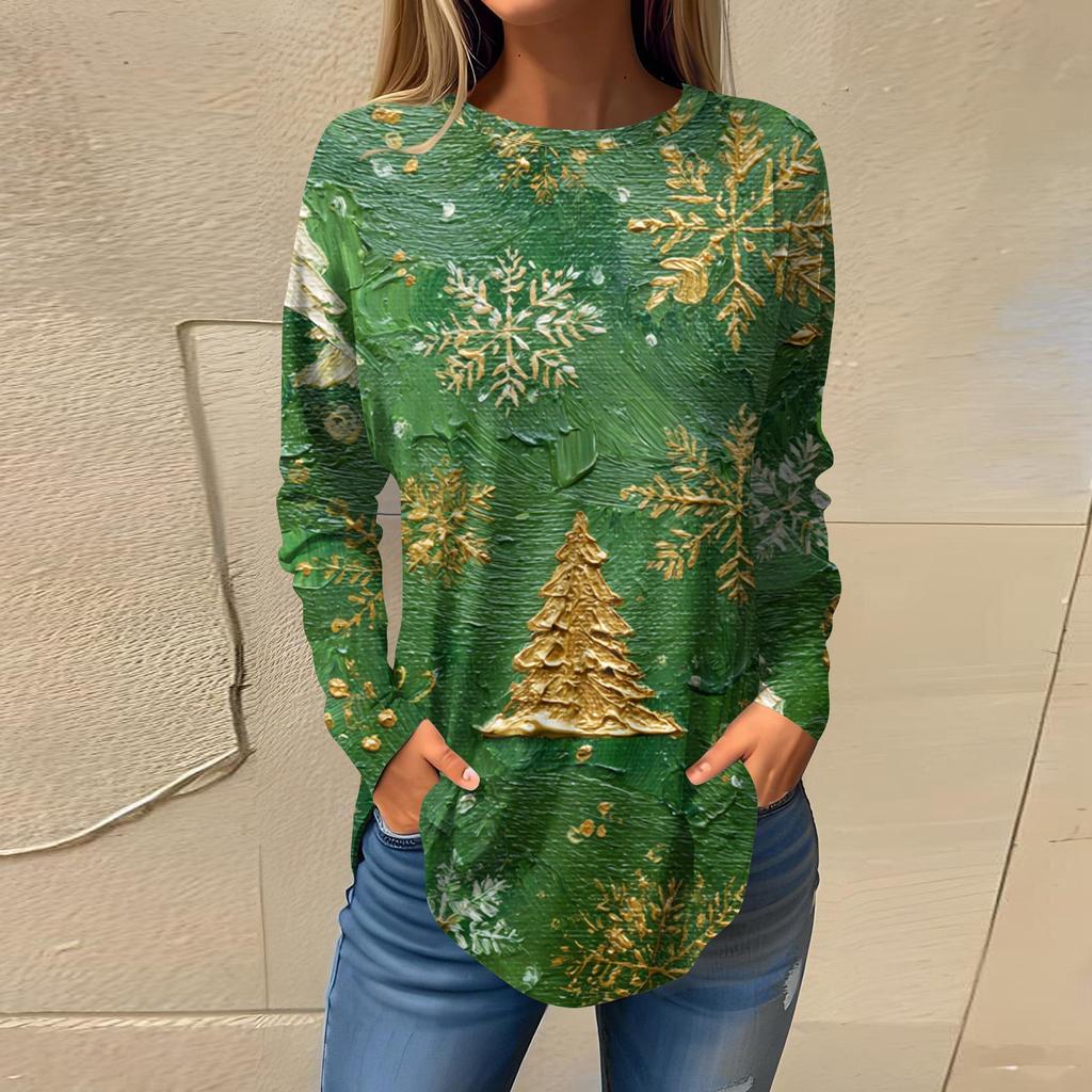 Weihnachts-Stil Damenbekleidung Schneeflocke Weihnachtsbaum Print Pullover Rundhalsausschnitt Langarm T-Shirt Festlich Lässig Lockeres Oberteil