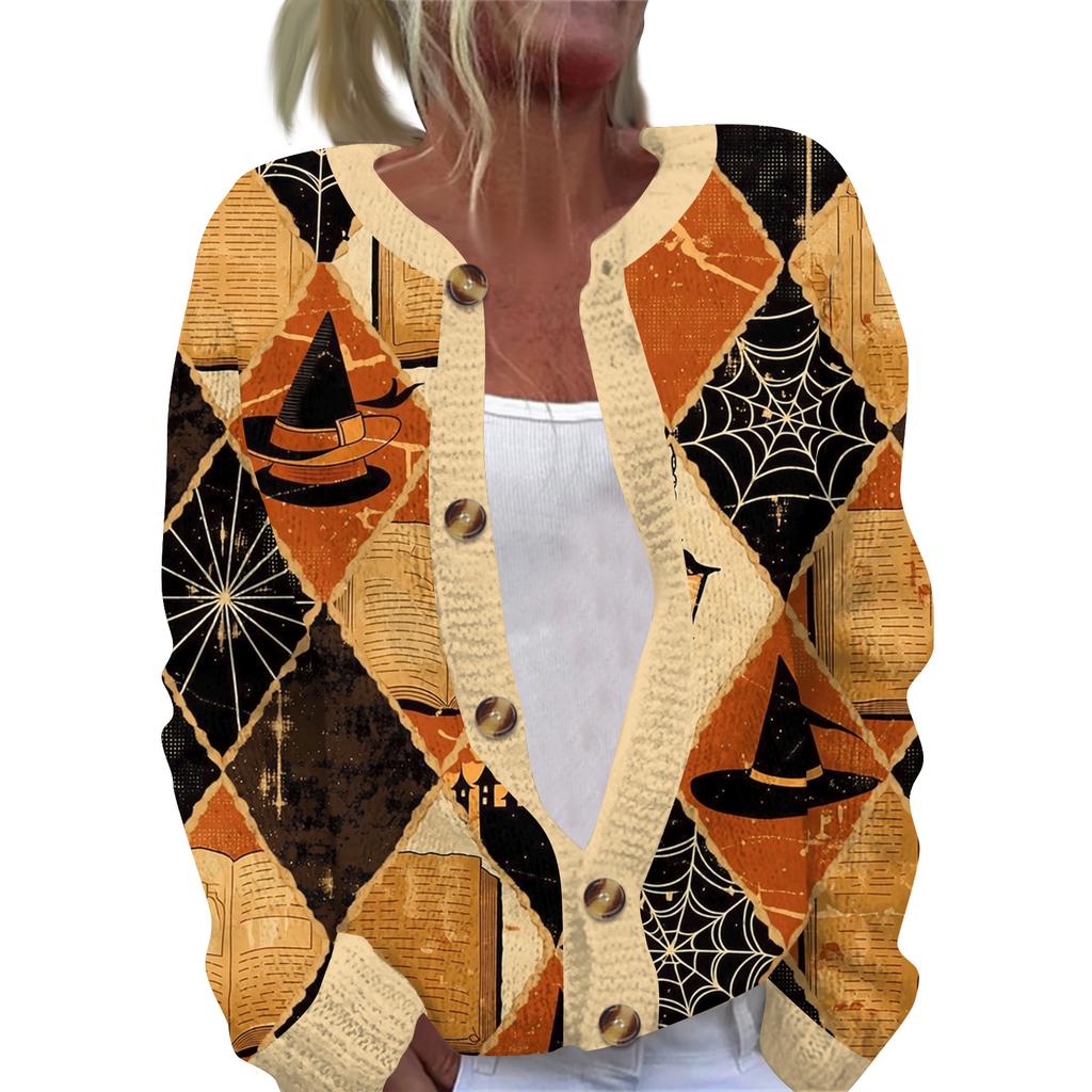 Women's Halloween Print Long Sleeve Knit Button Front Cardigan