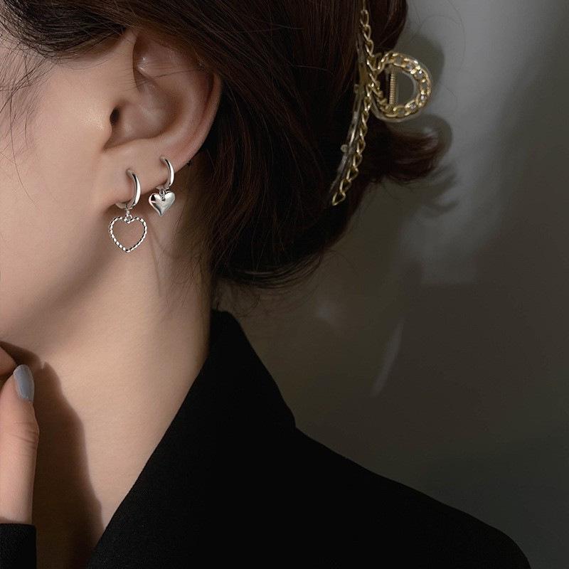Korean Asymmetrical Heart Earrings: Retro Hollow Peach Design for Women