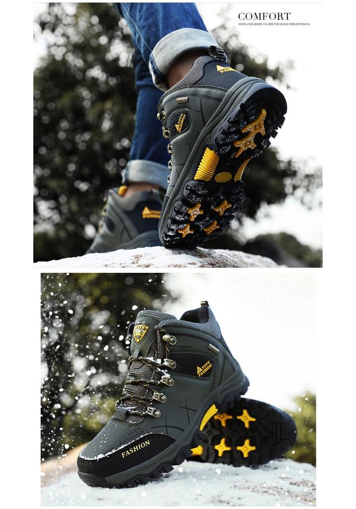 Men's High-Top Waterproof Leather Hiking Boots, Warm, Velvet-Lined, Thick-Sole, Large Size, Autumn/Winter Outdoor Off-Road Footwear.
