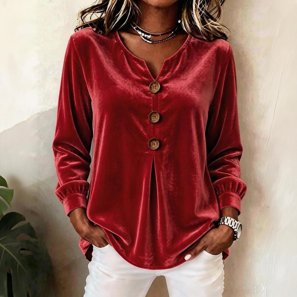 Blouse Haut Top Velours Élégant à Boutons sur le Devant et Manches Longues pour Femme