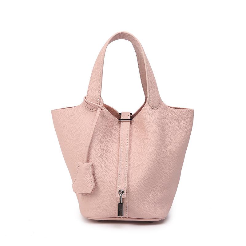 Genuine Leather Large-capacity Vegetable Basket Women's Bag High-quality and Exquisite Lychee Pattern Hand-held Bucket Bag